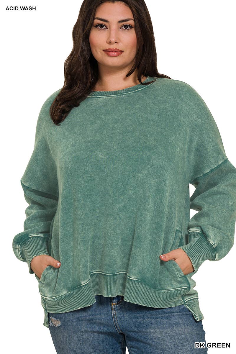 42POPS - Wholesale Sweatshirt - Women's - .Plus Acid Wash Fleece Hi Low Hem Pullover With Pockets4