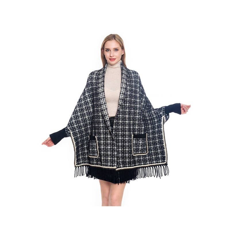 Love and Repeat - Wholesale Poncho - Women's - Tweed Pocket Fringe Poncho2