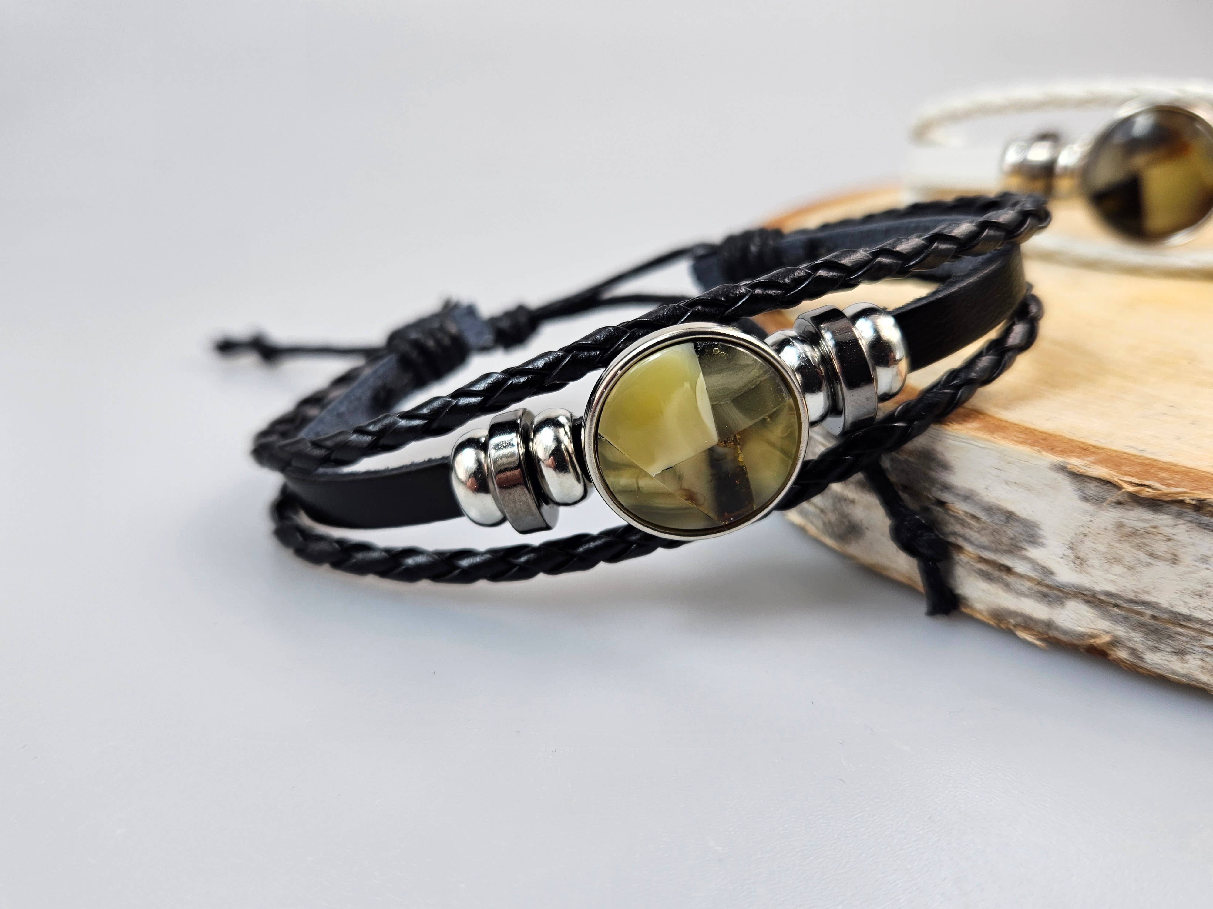 AmberLithuania - Wholesale Beaded Bracelet - Eco Leather and Baltic Amber adjustable bracelet for him her7