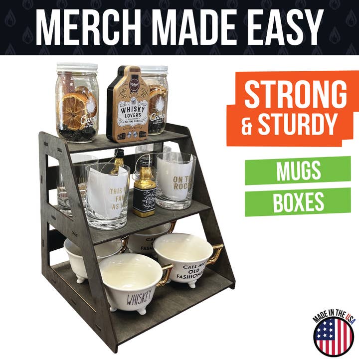 Torched Displays - Wholesale Retailer Display Stand/Case - 3-Tier Retail Table Display Stand with Shelves