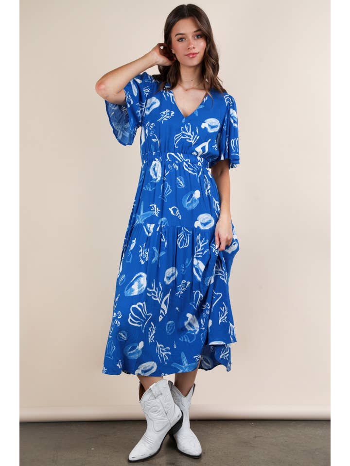 VERY J - Wholesale Dress - Women's - ND31625-Printed V-Neck Resort Midi Dress
