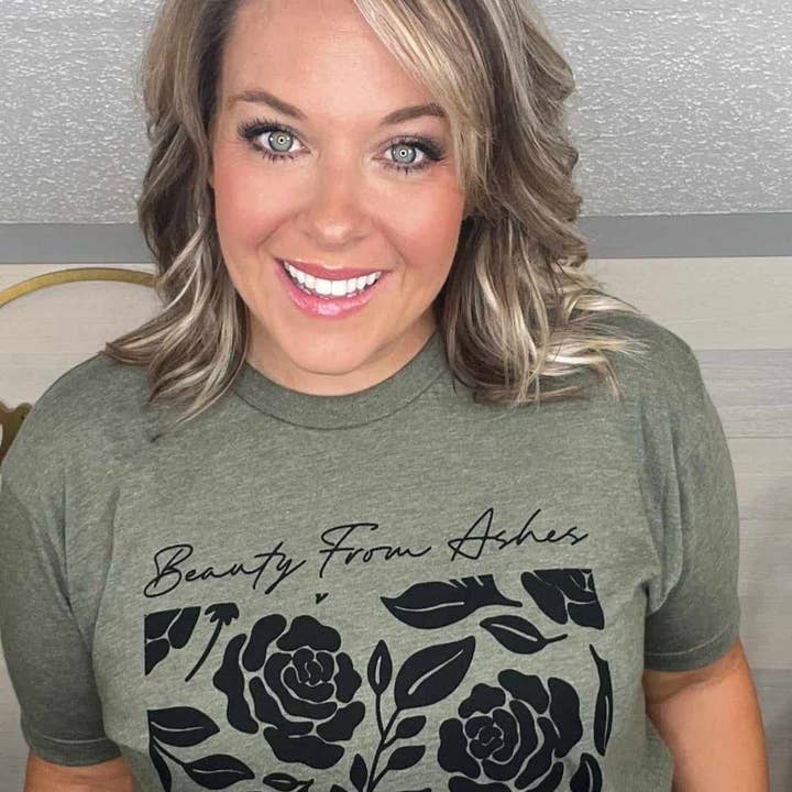 Christian Beauty For Ashes Olive Graphic Tee Free Shipping for wholesale by Fox and Owl Apparel-Graphic Tee's