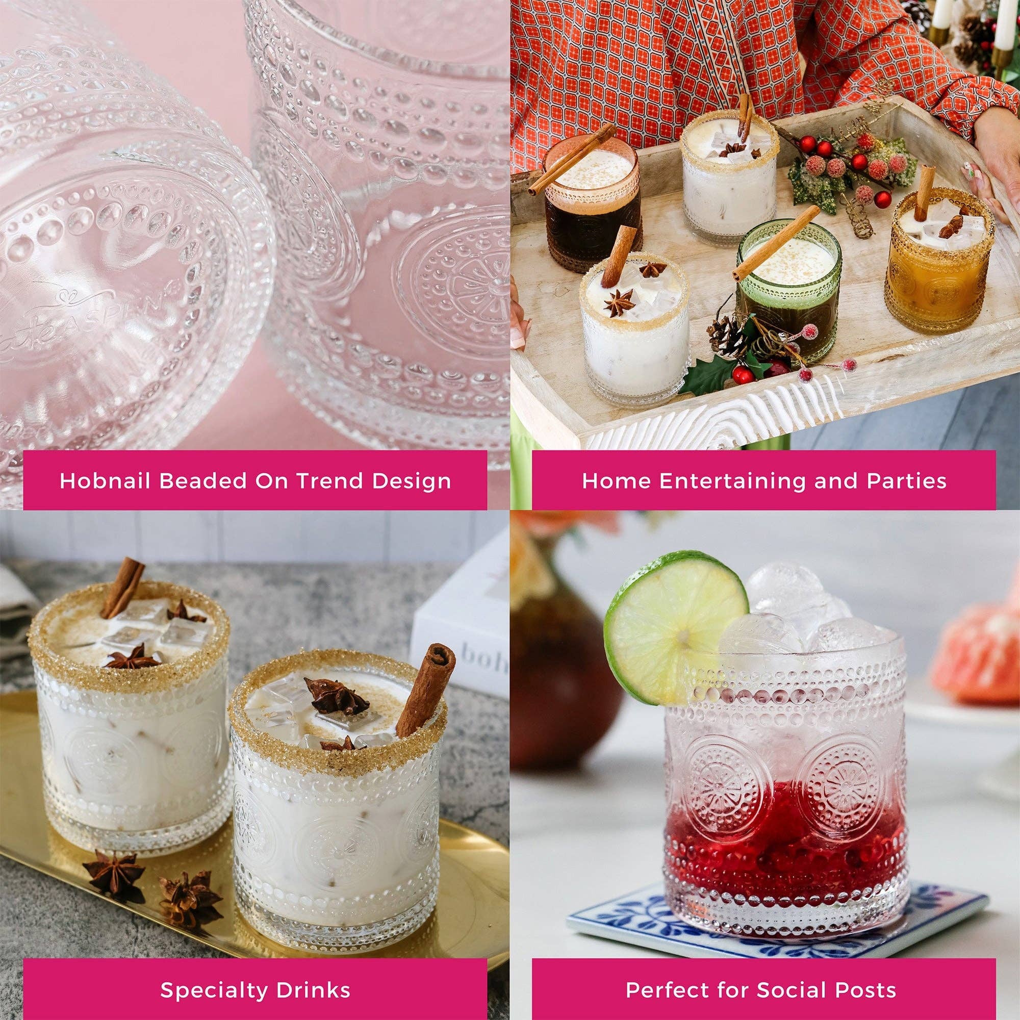 Kate Aspen - Wholesale Cocktail/Liquor Glass - 10 oz. Hobnail Beaded Floral Clear Drinking Glasses (Set of4