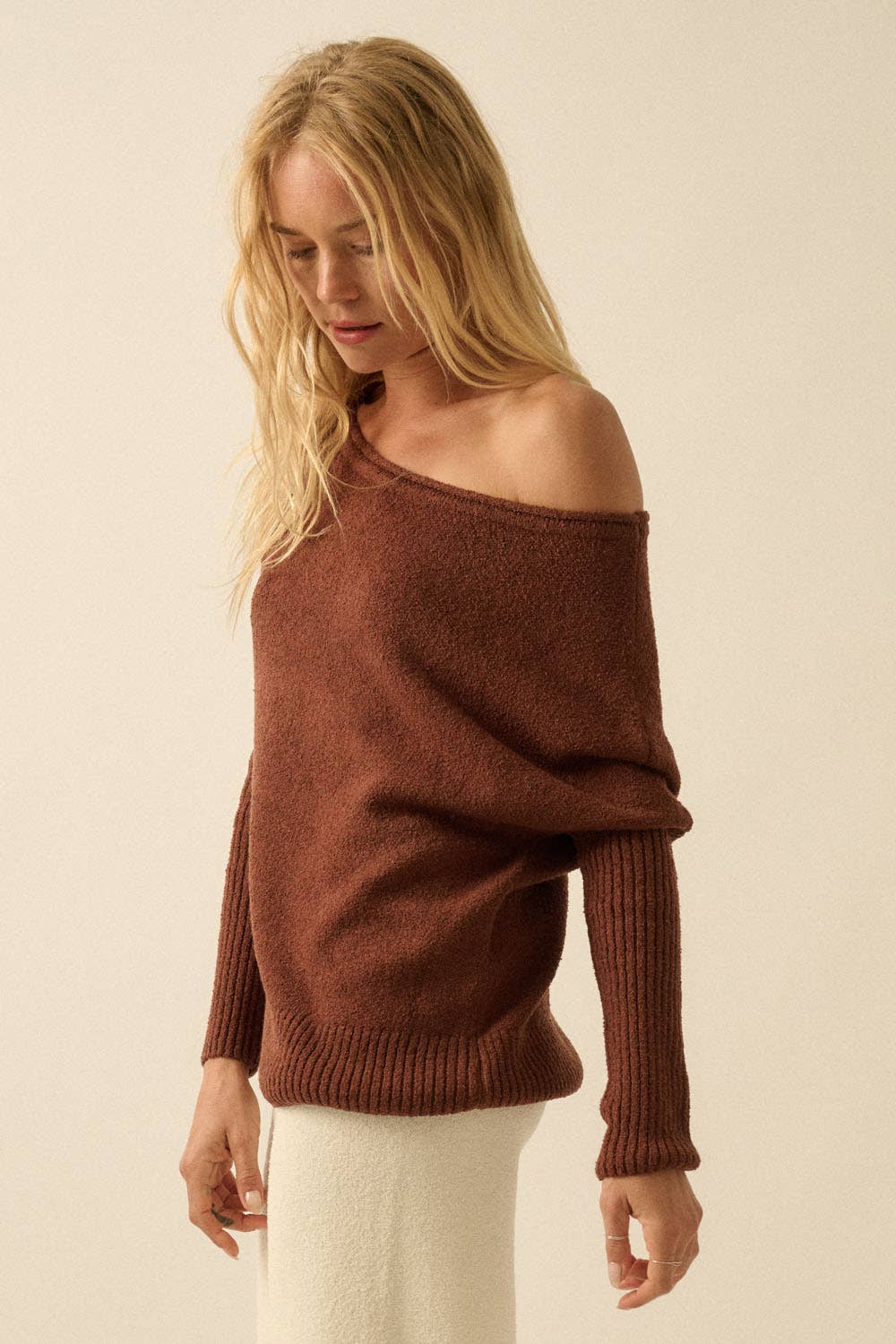 Promesa USA - Wholesale Knit Sweater - Women's - Textured Knit One-Shoulder Boatneck Dolman Sweater10
