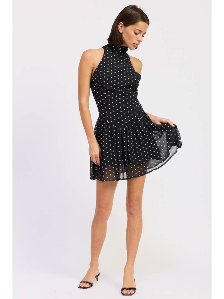 SLEEVELESS HIGH NECK MINI DRESS WITH POLKA DOTS for wholesale on Faire5