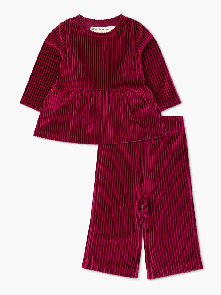 Set de dos piezas con estampado de terciopelo acanalado_Maroon para venta al por mayor de Monica + Andy