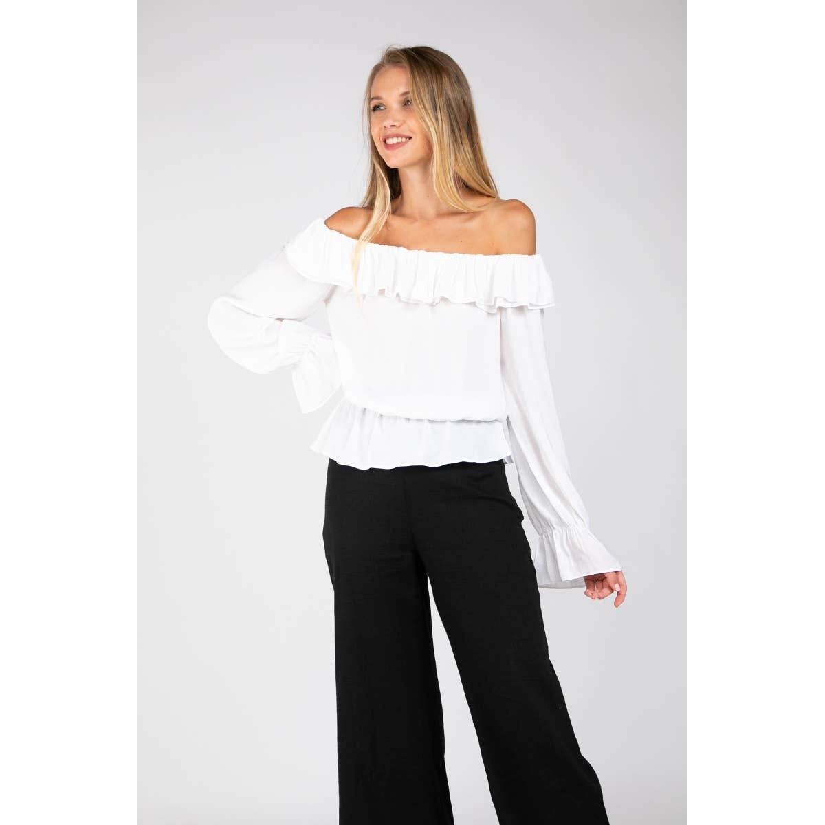 Naked Zebra Rack - Wholesale Blouse - Women's - Off Shoulder Long Sleeve Peplum Blouse7