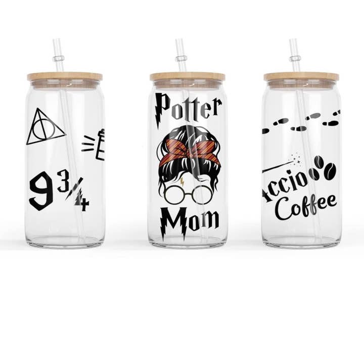 Copo de vidro Potter Mom com palha transparente e tampa de bambu por atacado de Smile Graphics and Design