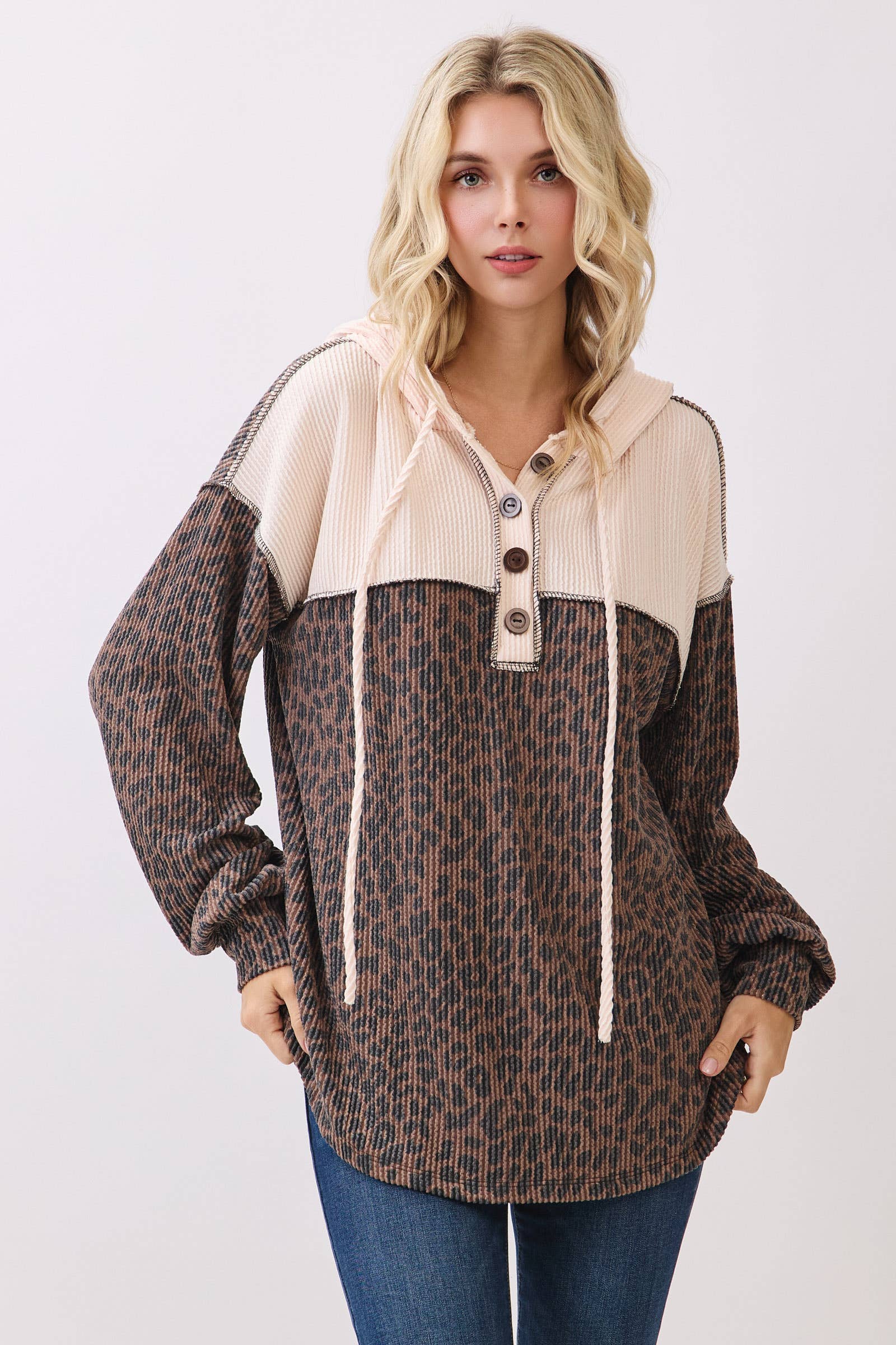 7th Ray - Wholesale Hoodie - Women's - Leopard Print Button Front Drawstring Hoodie T611513