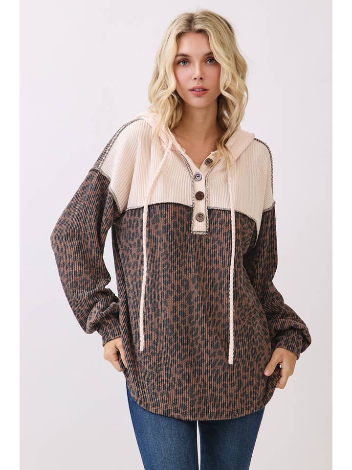 7th Ray - Wholesale Hoodie - Women's - Leopard Print Button Front Drawstring Hoodie T611513