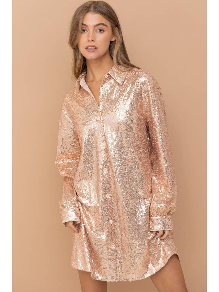 Blue B - Wholesale Dress - Women's - 32404D - Sequin Button Up Mini Sparkle Shirt Dress