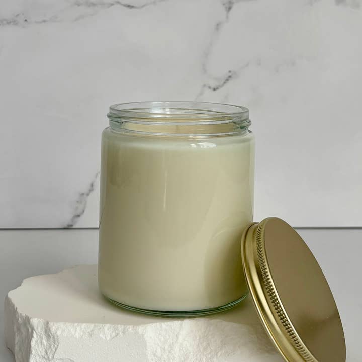 Bougies en cire de coco et de soja White Label de 7 oz – Pot transparent avec couvercle doré pour la vente par Illuminating Scentses