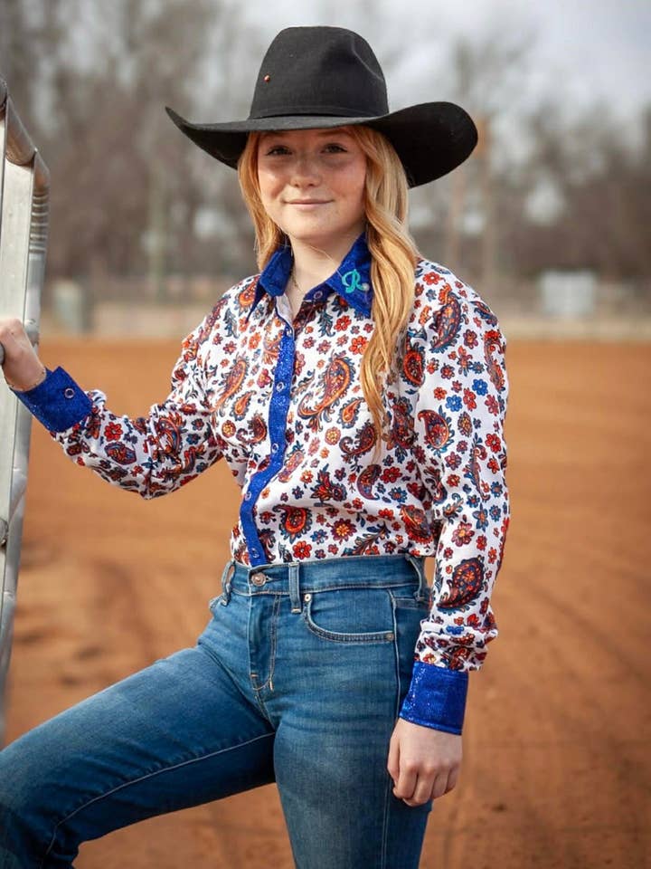 The Blue Reign Paisley Show Shirt for wholesale by The Ranch Equestrian Apparel & Accessories