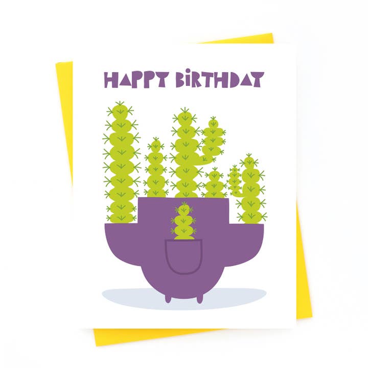 Happy Birthday Spiky Cactus Eco Greeting Card Purple Pot A2 for wholesale by Klinger Creative