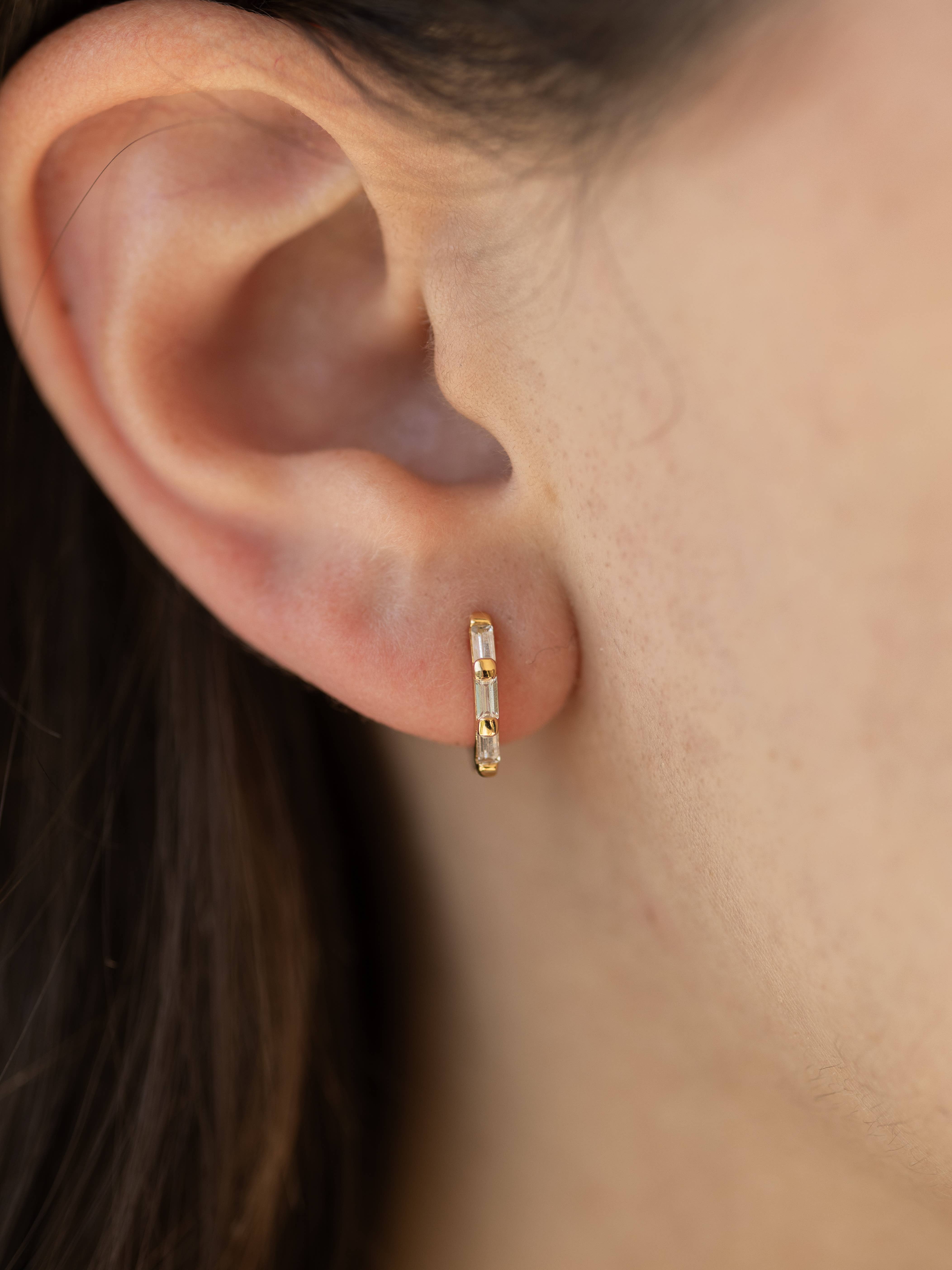 The Land of Salt - Wholesale Huggie Earrings - Clear CZ Baguette Huggie Hoops in Gold - Earrings4
