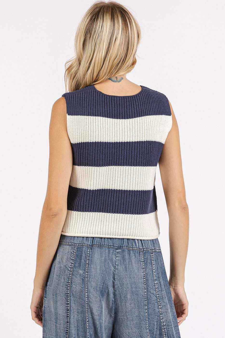 mittoshop - Wholesale Sweater Vest - Women's - STRIPED V-NECK CROPPED SWEATER VEST TOP35