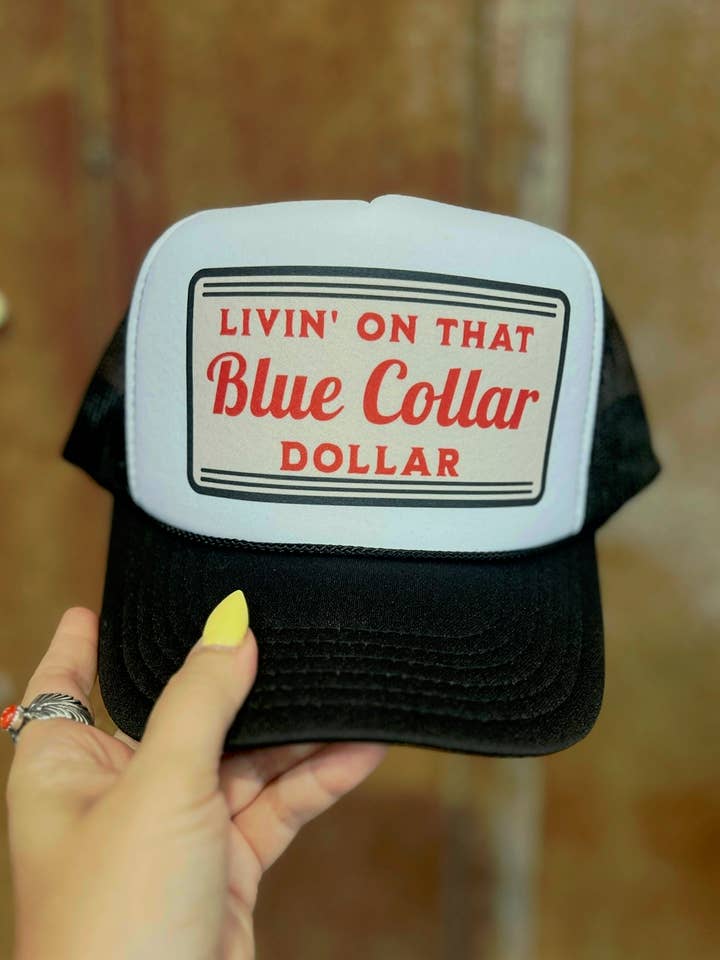 Livin' on that Blue Collar Dollar - Black & White Otto Trucker Hat for wholesale by THE LATTIMORE CLAIM