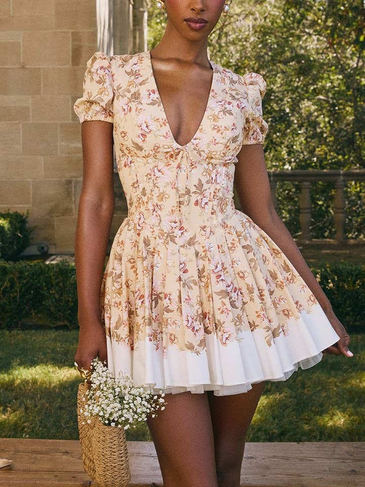Sexy Lace Deep V-Neck Floral Print Mini Dress for wholesale on Faire