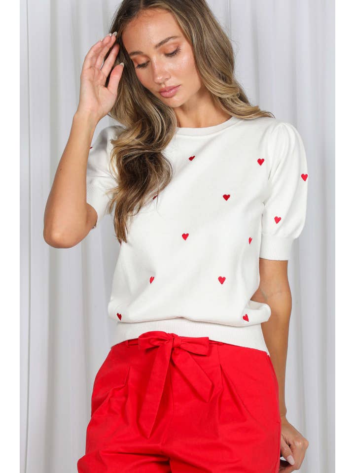 Vine & Love - Wholesale Knit Sweater - Women's - Sweetheart Embroidery Short Puff Knitted Sweater VT82686C