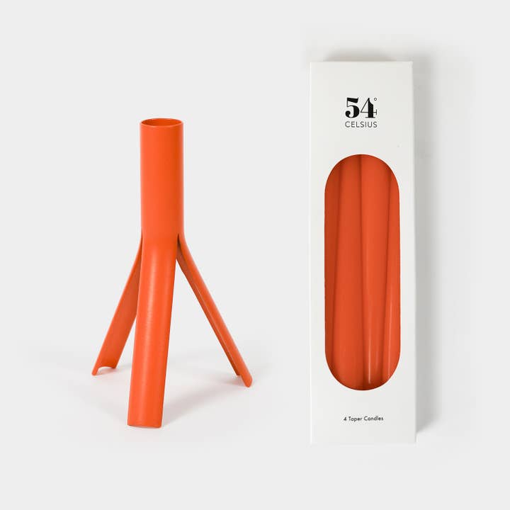 54 Celsius - Wholesale Tapered Candle/Candlestick - Taper Candles (4 Pack) + Steel Rocket Candle Holder, Orange