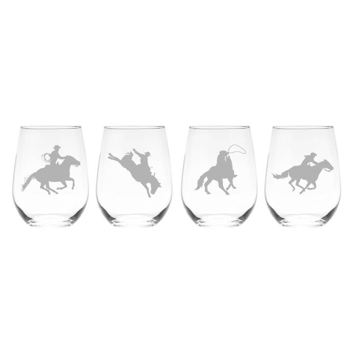 Conjunto de 4 Copos de Vinho sem Pé de 17 oz com Cavalo Ocidental por atacado de C&M Personal Gifts