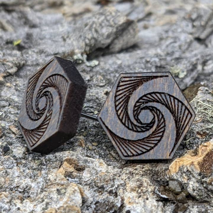 The Forest and Forge - Wholesale Stud/Post Earrings - Etched Hexagon Wood Stud Earrings0