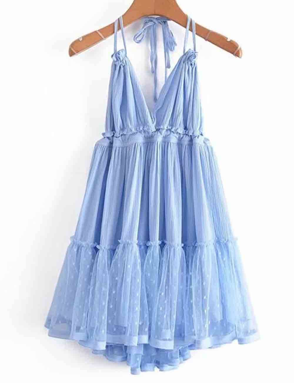 Sweetkama - Wholesale Dress - Women's - Ladies Solid Color V-Neck Mesh Dot Halter String Shoulder Mini Dress8