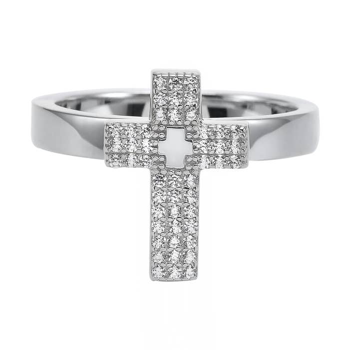 Rhodium-plated silver cross ring set with zirconium for wholesale by ORUS BIJOUX