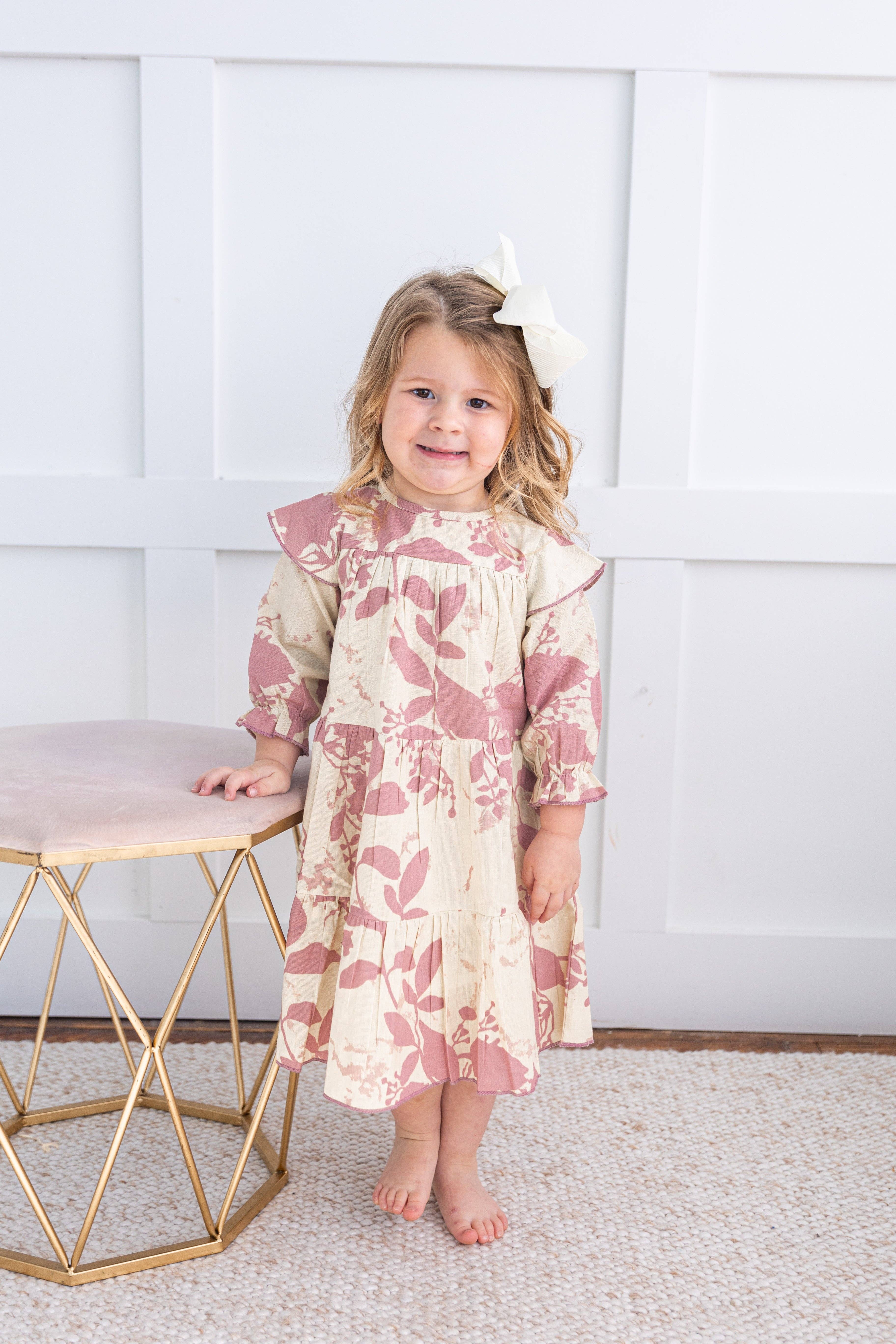 Yo Baby - Wholesale Dress - Kids - Dark Pink Leaf Printed Tiered Long Sleeve Dress1