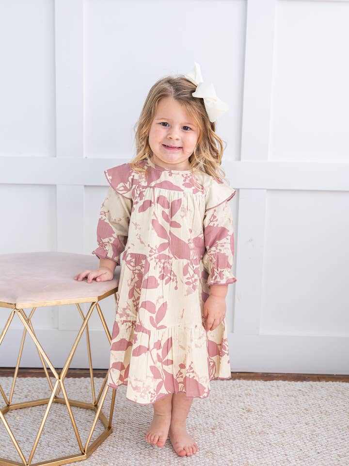 Yo Baby - Wholesale Dress - Kids - Dark Pink Leaf Printed Tiered Long Sleeve Dress1