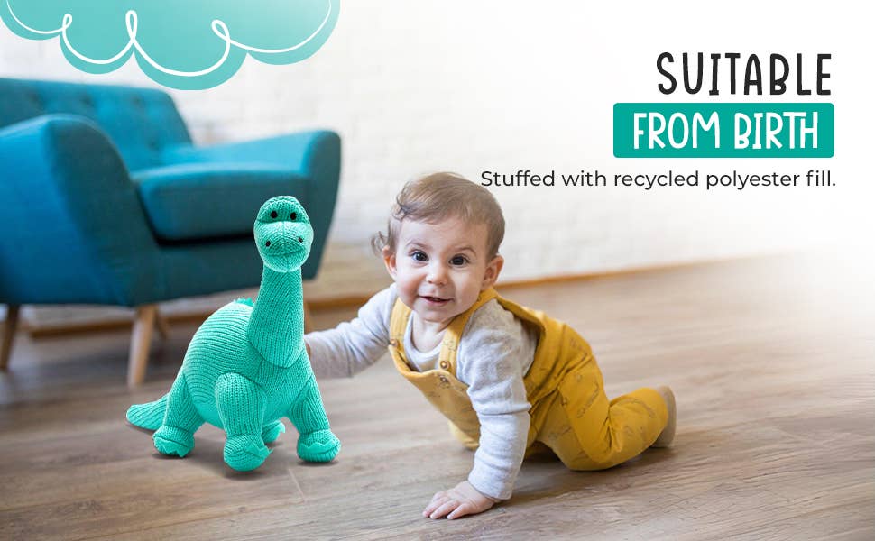 Best Years Ltd – wholesale Fyllda/plyschleksaker - Barn och baby – Stickad Diplodocus Mjukisdinosaurie - Isblå9