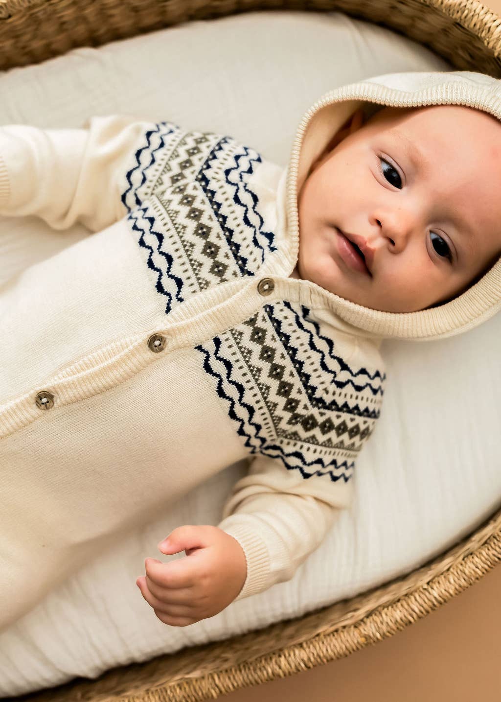 Natural Fair Isle Jacquard Sweater Knit Baby Hooded Jumpsuit for wholesale on Faire6