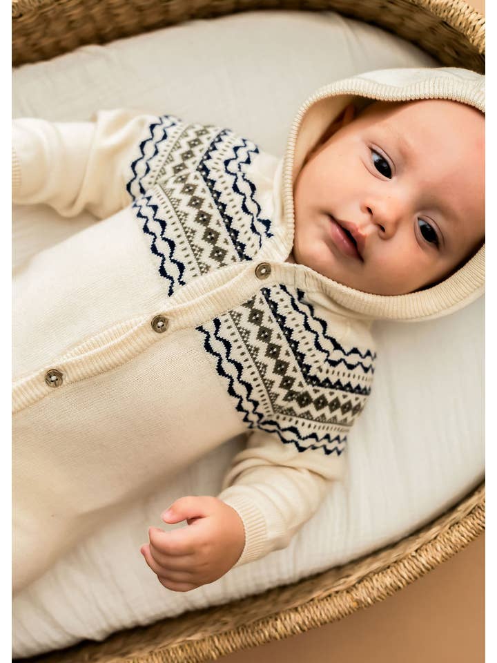 Natural Fair Isle Jacquard Sweater Knit Baby Hooded Jumpsuit for wholesale on Faire6