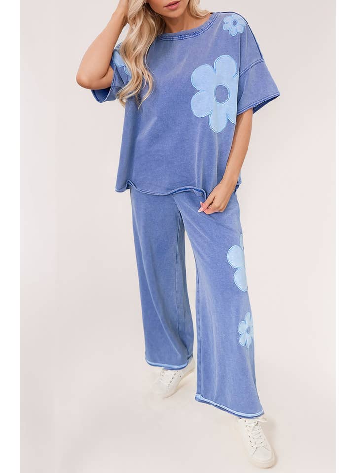 Blue Floral Patch Exposed Seam Raw Edge Pants Set for wholesale on Faire