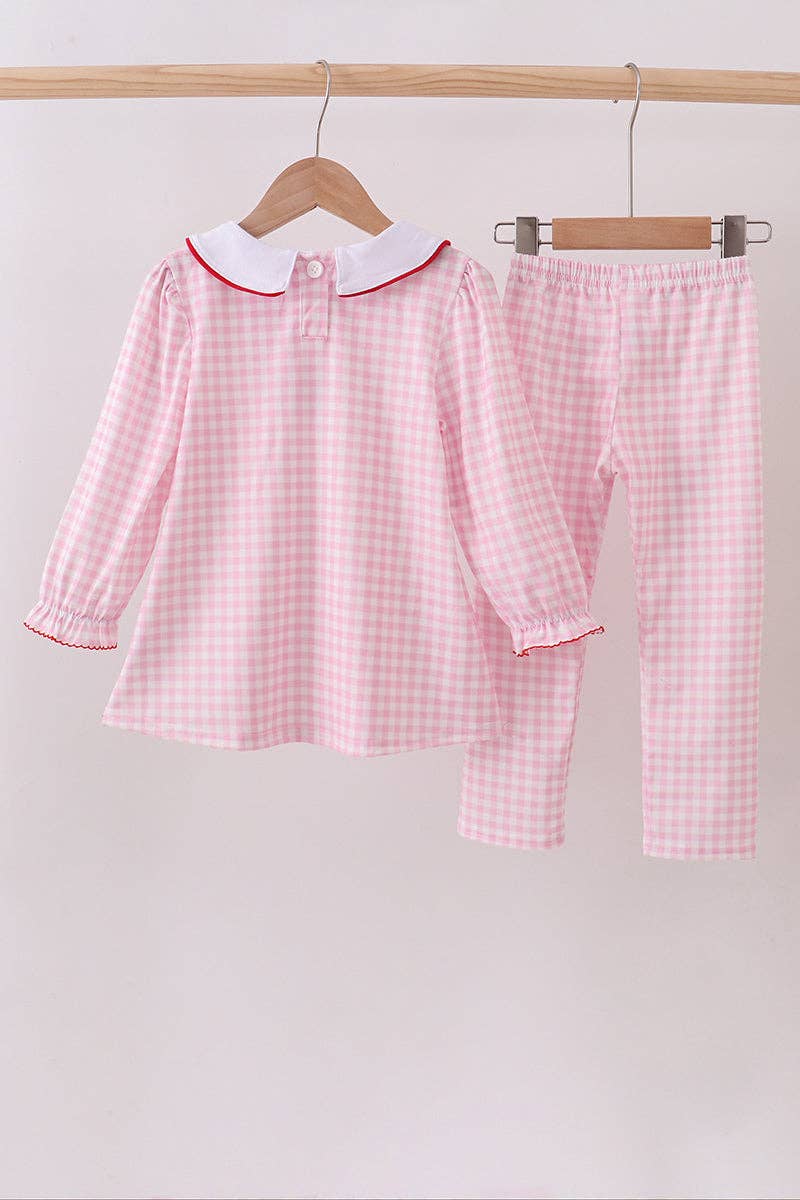 Mom & Co. - Wholesale Top & Pant Set - Kids - Pink santa claus embroidery gingham pants set3