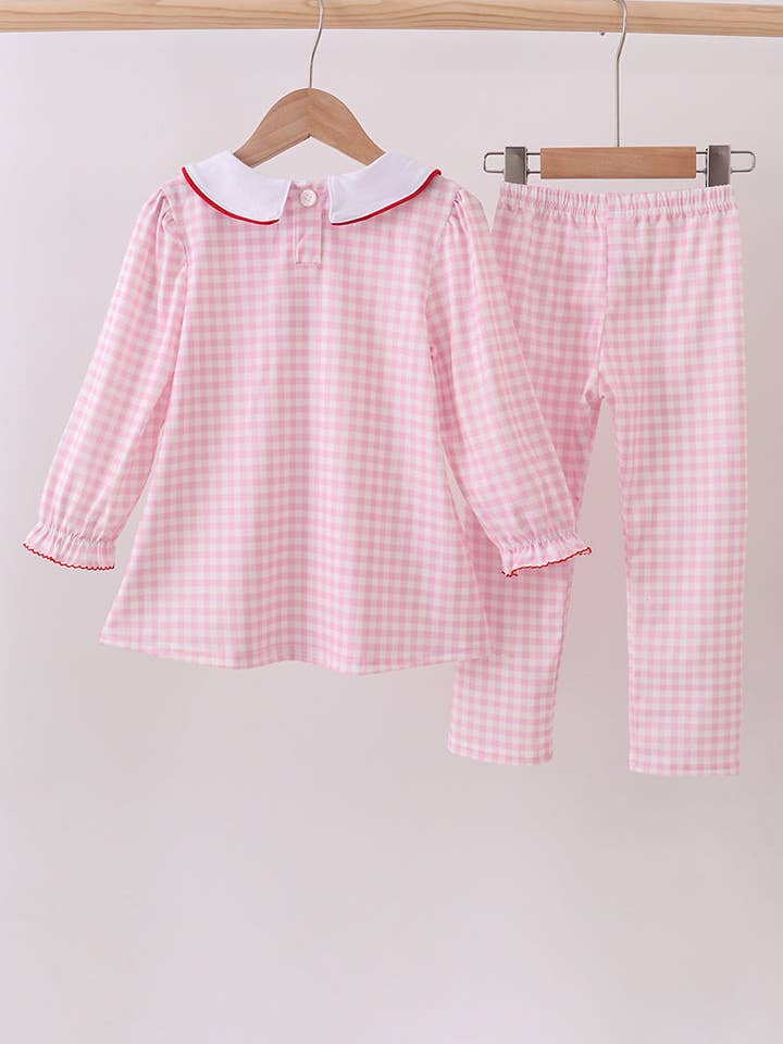 Mom & Co. - Wholesale Top & Pant Set - Kids - Pink santa claus embroidery gingham pants set3