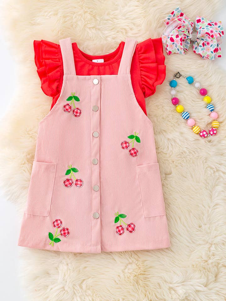 Kids Charm Online - Wholesale Dress - Kids - Plaid cherry applique on pink corduroy dress & red under shirt. OFG50395 JEA