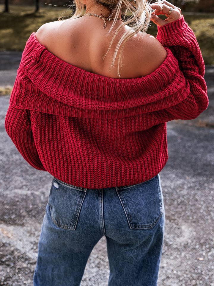 Racing Red Solid Off Shoulder Sweater for wholesale on Faire