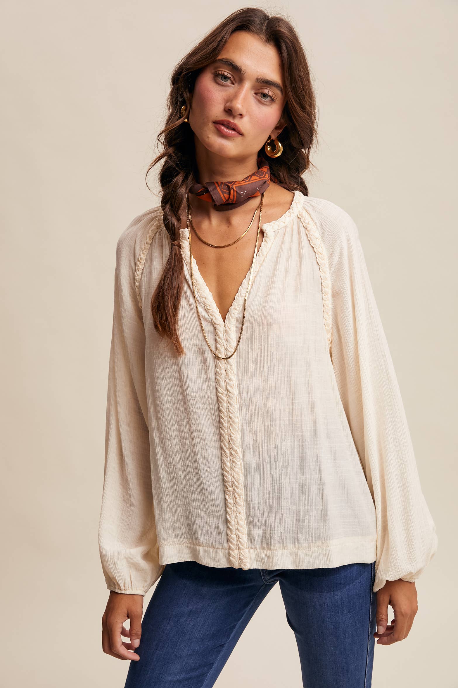 Listicle - Wholesale Blouse - Women's - Braided Trim Peasant Blouse LT14474