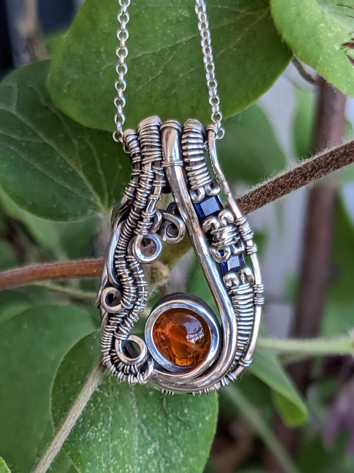 Fire Opal Pendant, Sapphires And Sterling Silver for wholesale by Le Tourbillon Minéral