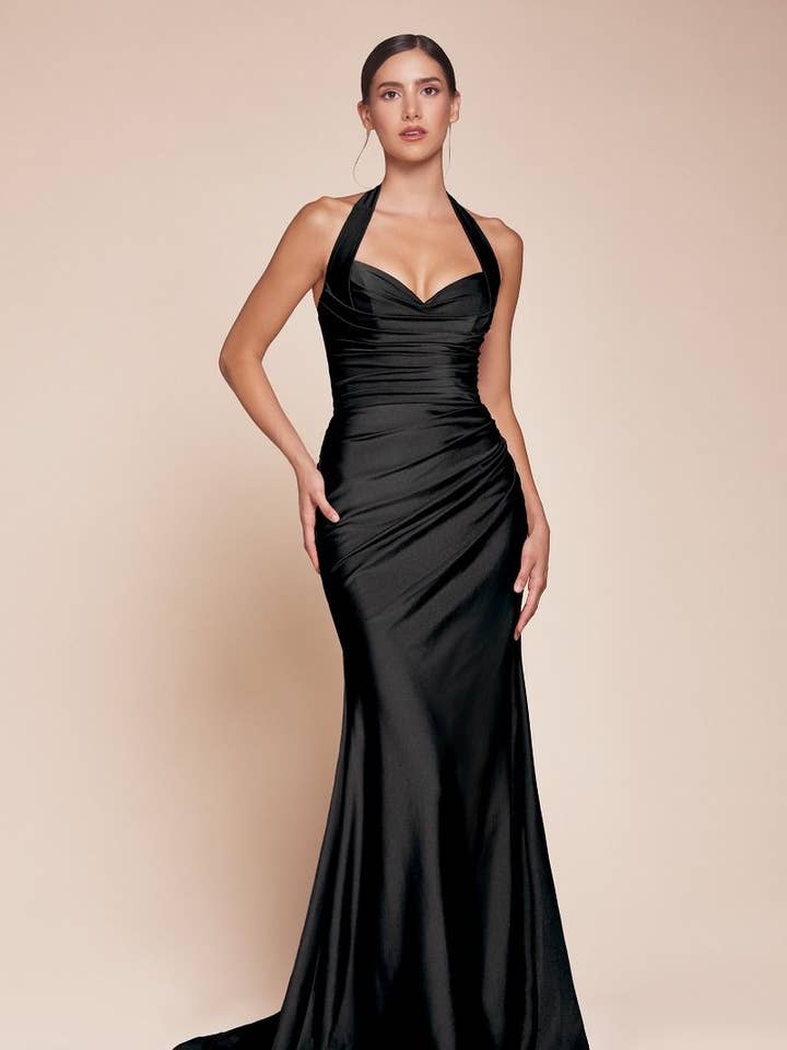 Gestrekte satijnen jurk met haltersluiting voor wholesale door Tux-USA®