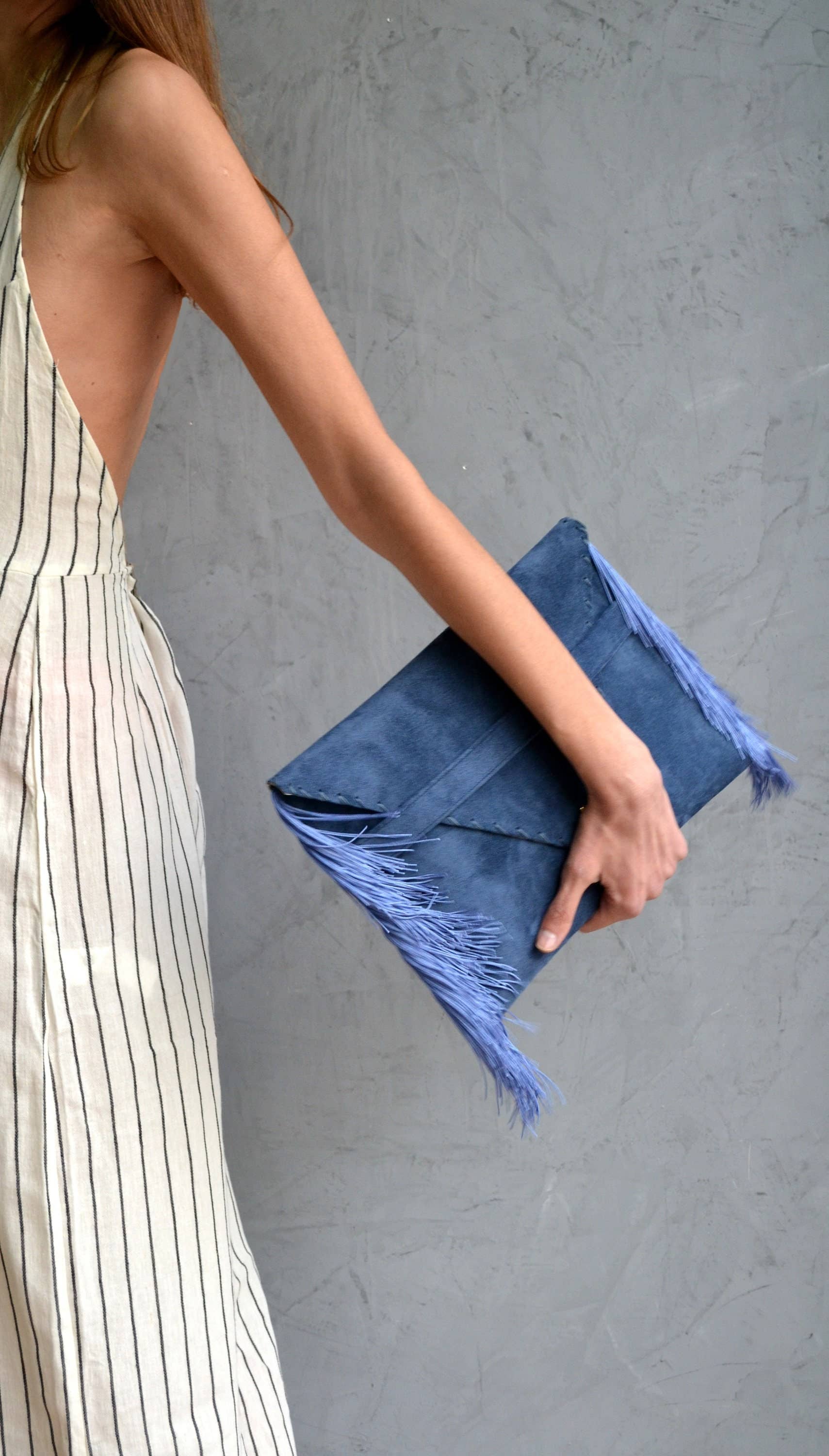 ANA KOUTSI - Wholesale Clutch Bag - Women's - Medusa Clutchin raf blue with silk fringes7