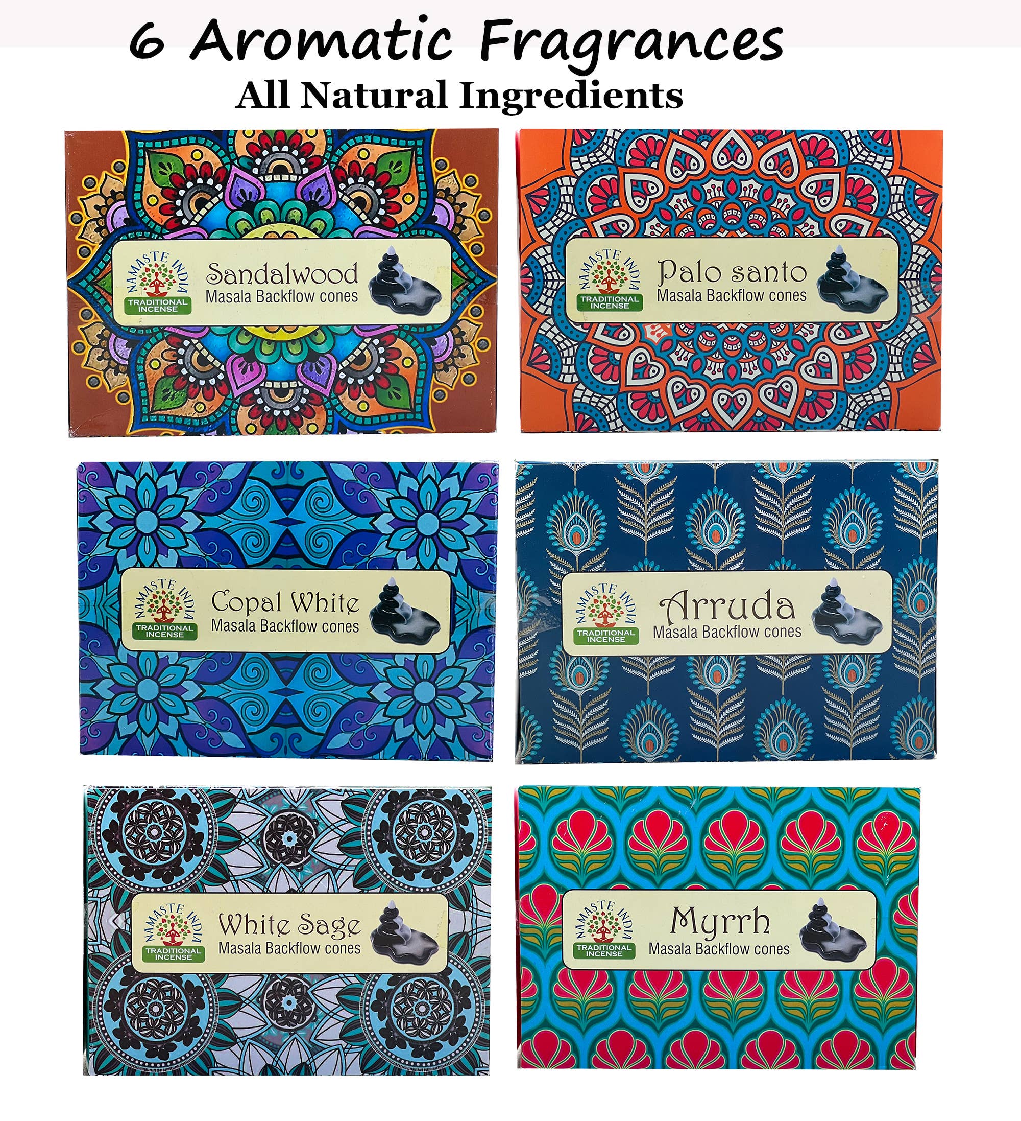 Lungta Imports - Wholesale Incense - Namaste India 6 Fragrances 60 pcs Backflow Cone Incense2