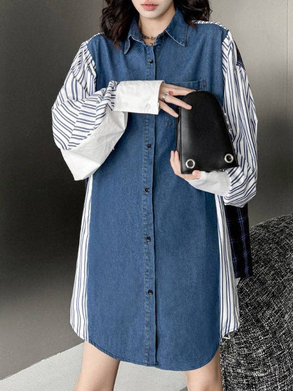 Sheer Trend - Vente Chemise à col boutonné – femme - Blouses et chemises à revers rayés à manches longues, amples et boutonnées, poches de couleur contrastante1