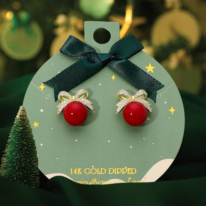 14K Gold Dipped Stone Paved Bow Accent Ball Stud Earrings for wholesale by Sensibling Corp.