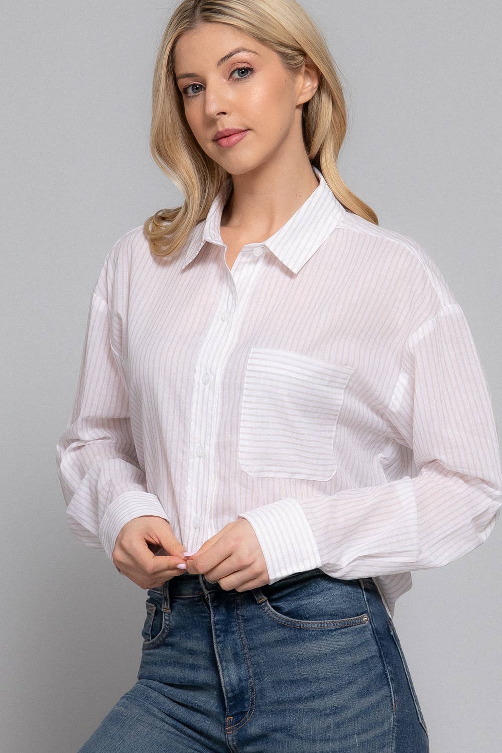 Active Basic | Active USA - Wholesale Button Down Shirt - Women's - Long Sleeve Y/D Stripe Voile Shirt10
