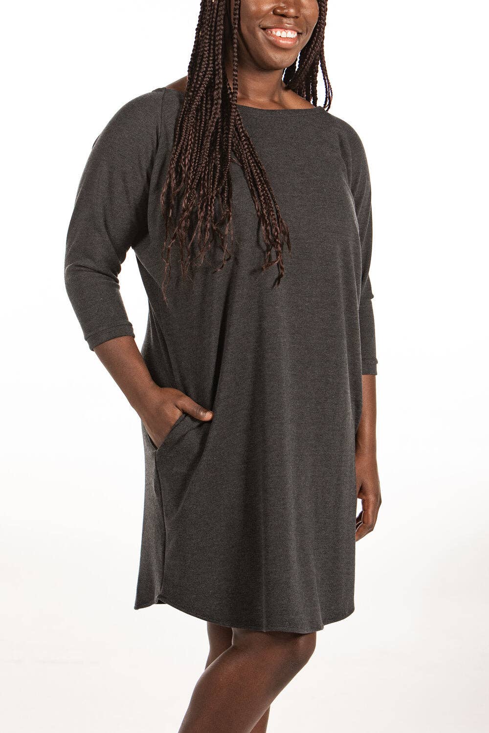 Charcoal Boat Neck Dress with Three Quarter Sleeves and Pockets for wholesale on Faire1
