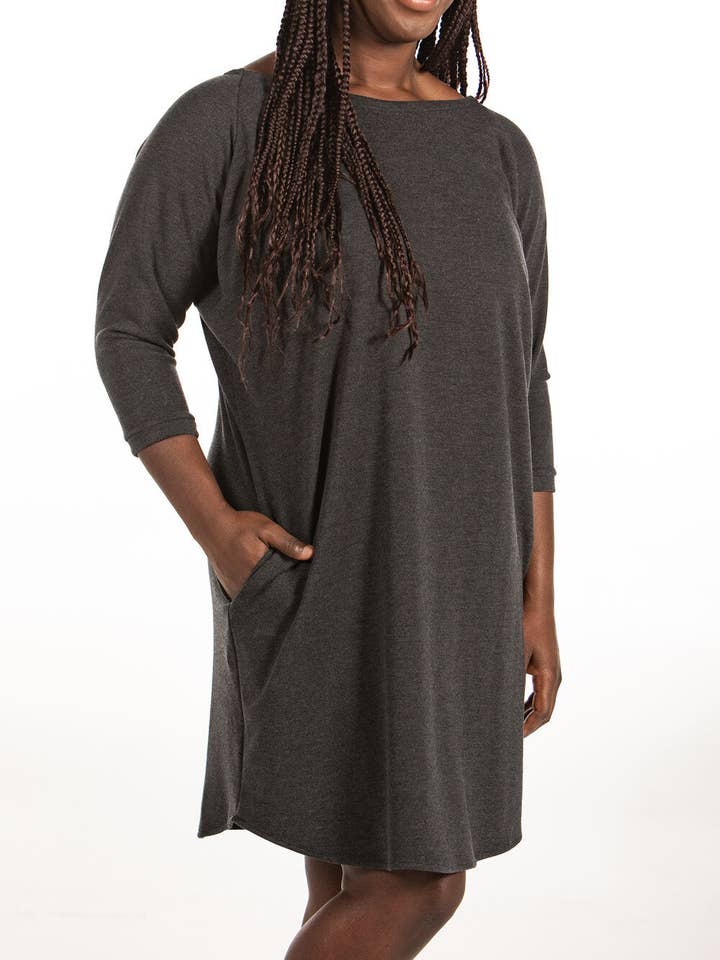 Charcoal Boat Neck Dress with Three Quarter Sleeves and Pockets for wholesale on Faire1