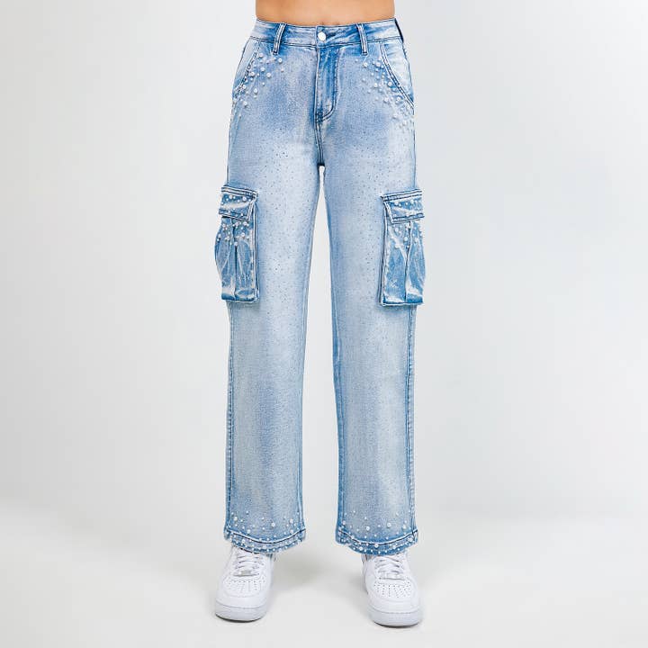 PLUS RINESTONES WITH PEAR WIDE LEG CARGO JEANS-RJH10894P for wholesale by American Bazi