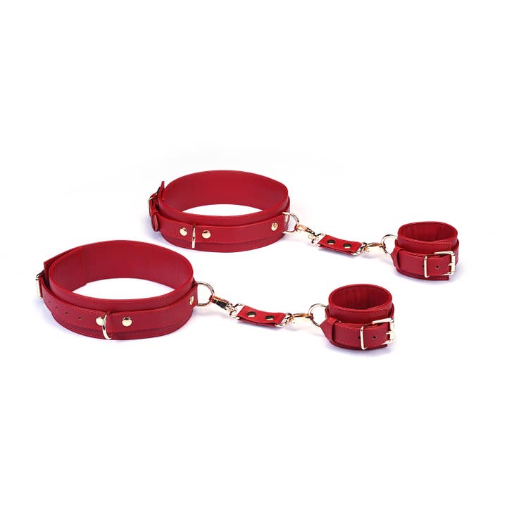Liebe Seele - Wholesale Sex Toy - Red Faux Leather Wrist to Thigh Cuffs Kit